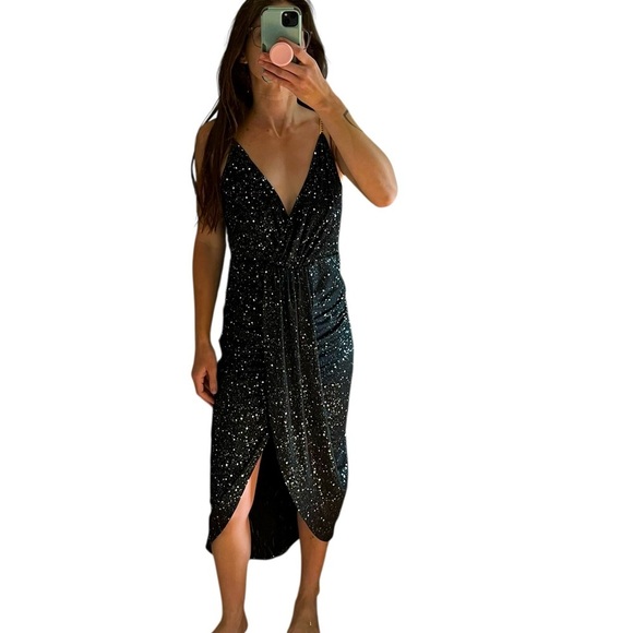 Black Sparkle Bodycon Midi Dress L Faux Wrap Gold Chain Straps, NYE Holiday Glam - Picture 1 of 10
